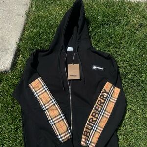 Burberry Black and Tan Zip Up Sweater with Plaid Sleeves